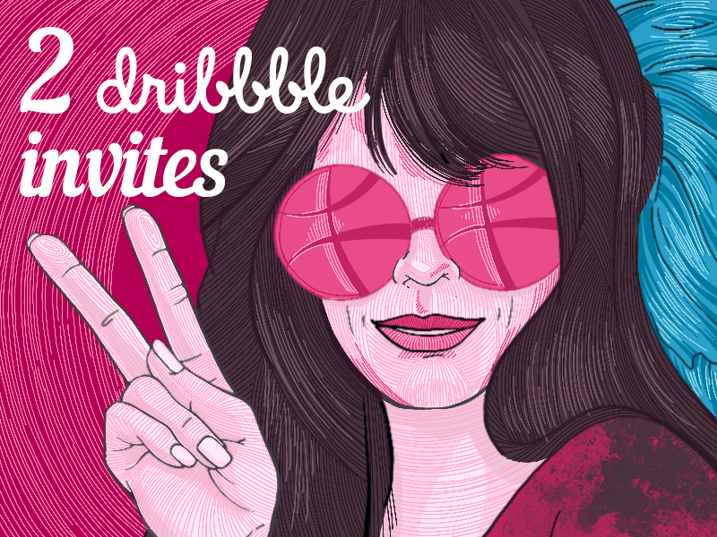Two Dribbble Invites dribbble girl giveaway illustration invitation invite hippie two peace love janis pink