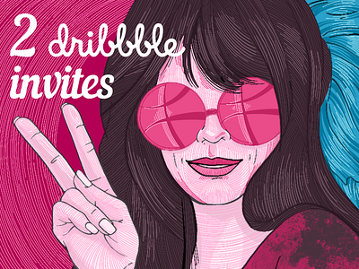 Two Dribbble Invites dribbble girl giveaway hippie illustration invitation invite janis love peace pink two