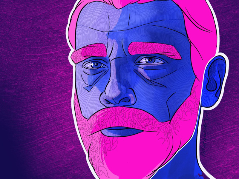 Andrew drawing illustration line art blue pink portrait character design card man