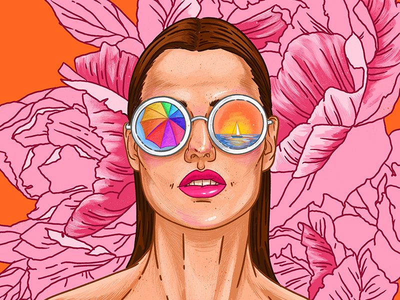 Fashion portrait summer party summertime summer look moda runway flowers glamour glasses fashion girl woman pink beauty graphic drawing art illustration face portrait