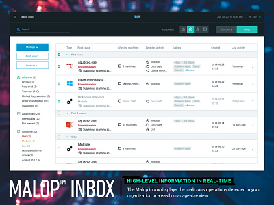 CYBEREASON MALOP™ INBOX assign assignement cyber cyber security detect filters group hacker hacking inbox list machines malicious malop operation prioritization status system tags toggle