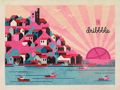 Hi Dribbble coast dribbble first shot fishing hi illustration town