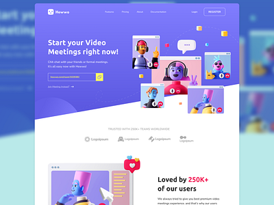 Hewwo (Video Meetings Landing Page) || FREEDAY #1 3d branding design gradient homepage landing page purple ui ux web design website