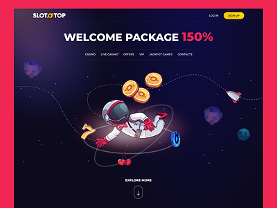 SLOTOTOP - Online casino from another galaxy astronaut austronaut branding casino character concept galaxy igaming illustration landing page space