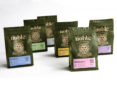 Noble Coffee Roasting bean packaging brand identity branding coffee coffee packaging icon lion logo mountains oregon packaging river tree