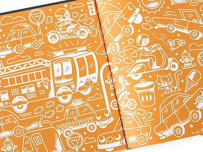 Zoom! Zoom! Endpage detail bird bus car cat childrens book end pages fire truck pattern scooter taxi traffic
