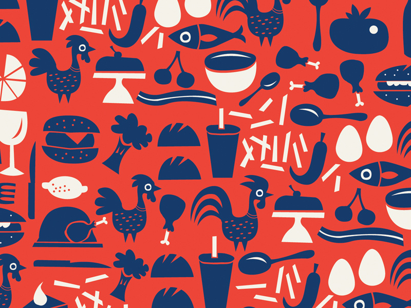 Pattern and icon play soup pattern bacon veggies tomato fries fish cake lemon chicken icons food