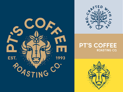 PT's Coffee Roasting brand assets bison buffalo coffee coffee beans cup espresso farmer flower logo packaging rebrand