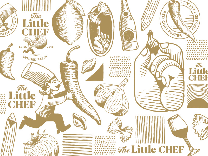The Little Chef Pattern + Assets logo icon brand identity pattern lemon pepper noodles onion garlic tomato pasta cooking hat chef