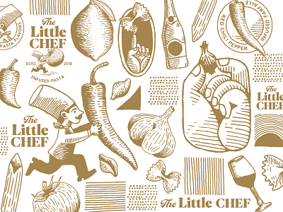 The Little Chef Pattern + Assets brand identity chef cooking garlic hat icon lemon logo noodles onion pasta pattern pepper tomato