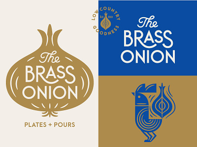 The Brass Onion Identity Materials bird branding brass brass onion chicken country identity logo onion restaurant seal type wordmark