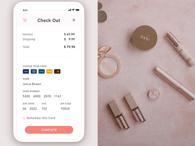 Check out Page buttons checkout cosmetics credits dailyui 002 ecomerce input mobile app payment