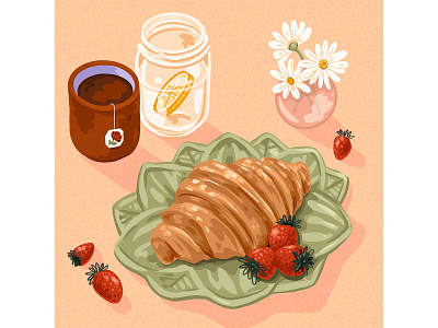 Saturday Morning Breakfast #1 breakfast coffee croissant drawing flower food food illustration illustration pink plant procreate tea