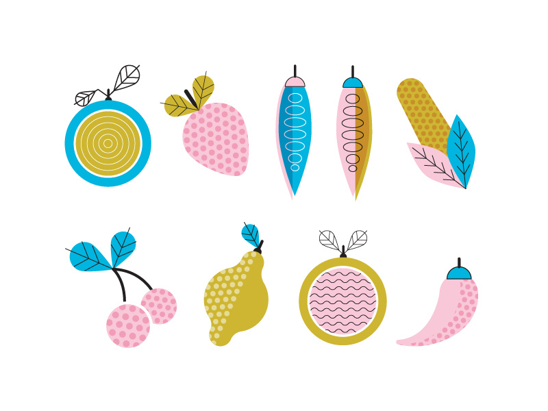 Fruit & Veggie illustrations digital drawing illustrator design icon pepper grapefruit lemon cherries corn beans strawberry fruit