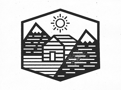 Lost cabin beer black and white cabin design icon illustration lines mountains outdoors rough sun wip