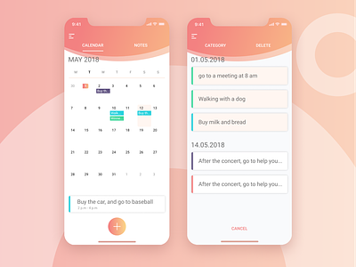 Mobile App - Calendar and Notes 2019 trend app calendar clean design gradient iphone x mobile app notes ui ui ux