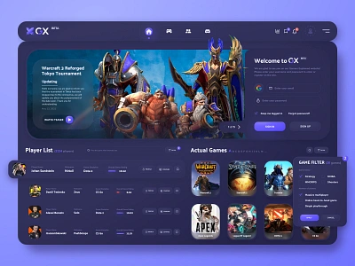 GX gaming platform: Home page apex blizzard cybersport dark theme dashboard discord dota figma filter fortnite game player product design starcraft stream uiux virtus pro warcraft web design website