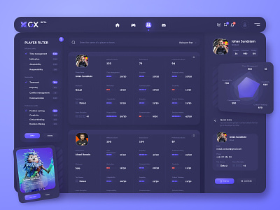 GX gaming platform: Player search page cybersport dark theme dashboard dota 2 figma filter fortnite game player product design search page selection statistics ui design uiux ux design web design