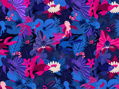 Ocean explosion fish floral art flowers illustration pattern pattern design silk scarf pattern vibrant colors
