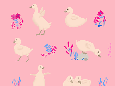 Adorable goslings animal pattern cute cute animals flowers goose gosling illustration pink