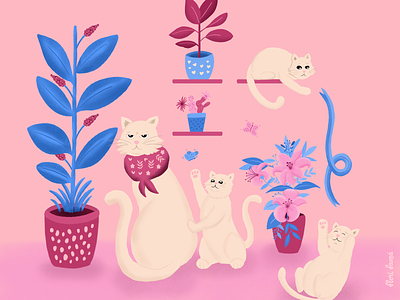 Grumpy cat and mischievous kittens adorable botanical butterfly cat cat art cat family cute floral decorations flowers illustration ipad pro kittens kitties pink procreate vegetation