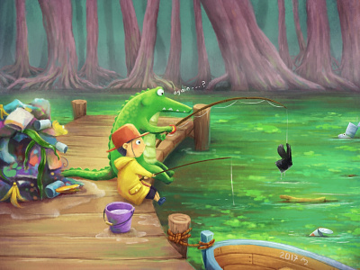Fishing with my friend children book illustration childrens childrens book childrens illustration croc fishing garbage illustration