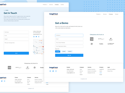 SnigdhTech 'Contact' and 'Get a Demo' Pages concept contact page contact web page design get a demo grid layouts landing page design saas design saas website software development ui ui design uiuxdesign web design web design web ui