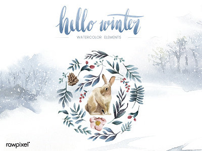 Rabbit surrounded by winter bloom painted by watercolor vector animal beautiful cute design drawn graphic hand illustration typography vector watercolor