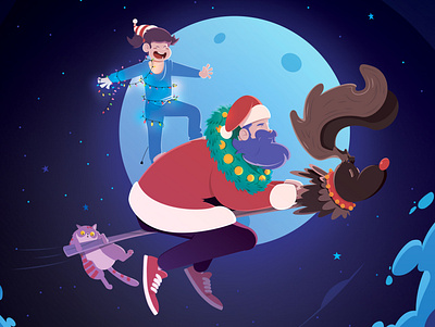 CHRISTMAS IS COMING - STAY AT HOME cartoon celebration character children christmas comics dad daughter drawing family father flying fun happy illustration kid magical santa claus santaclaus together