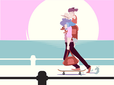 Backpacker "Father & Daughter" - CDChallenge backpacker cartoon challenge character comics dad daughter father girl hipster illustration sea skateboard sunset