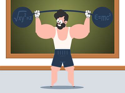 Mathematics exercices Cartoon character bodybuilder cartoon character exercices flat design humor illustration learning mathematics muscle school teacher