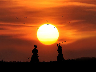 Samurai Duel digitalart duel katana samurai silhouette sun sunlight sunset sword