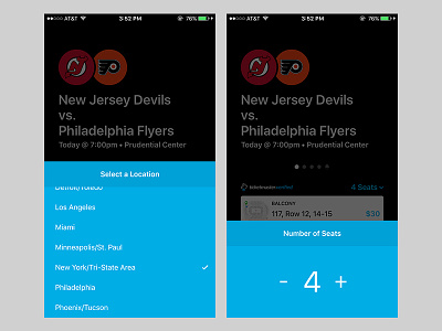 Sports tickets app (Location and quantity pickers) app ios location picker quantity sports tickets ui