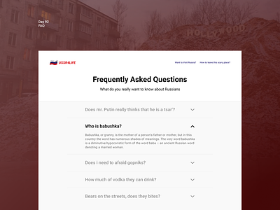Daily UI Challenge Day #92 challenge dailyui day 92 faq figma frequently asked questions russia ui ux web design