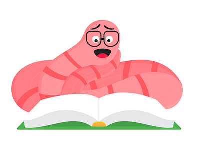 Cartoon style earthworm with book and glasses