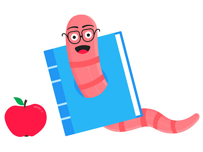 Worm with apple cartoon character icon sigh. apple book bookworm earthworm education flat knowledge student vector worm
