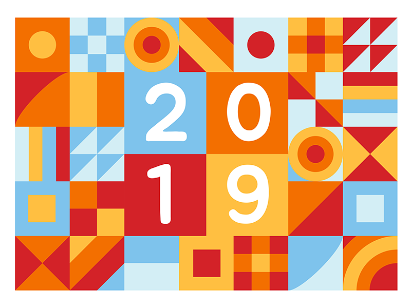 2019 Postcard square rectangle triangle circle number pattern geometric christmas year new happy 2019