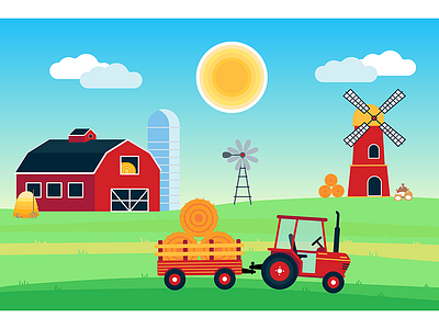 Country Harvest Landscape bale barn grass hay illustration mill red silo sun tractor trailer windmill
