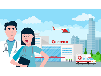 Hospital 3 aid ambulance building car city concept doctor emergency helocopter hospital nurse