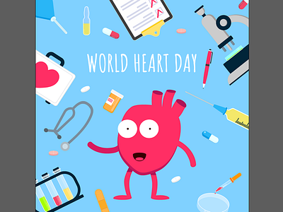 Poster for world heart day character clipboard heart heart day hearty hospital mascot medicine microscope pen pill science