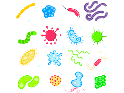 Bacterial microorganism, germs and viruses colorful set.