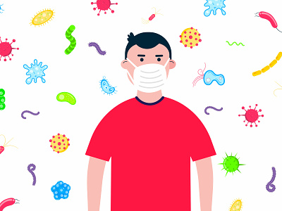 Bacterias And Viruses Behind Kid In The Mask flat healthcare illness kid mask microbe protection sick vector virus