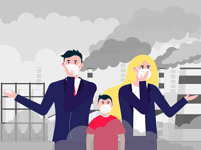 Confused man, woman, kid masks against smog. ecology factory flat health man mask people plant smog why woman