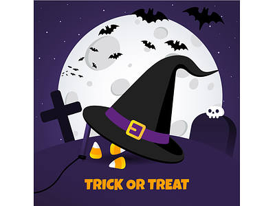 Happy Halloween text postcard banner with big black witch hat background bat celebration design greeting halloween happy hat holiday illustration moon party pumpkin sky vector witch