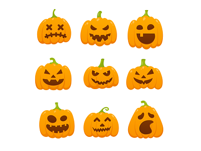 9 orange halloween pumpkins set boo carving character grimace halloween halloween party orange party pumpkin smile spooky