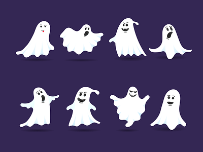 8 cute ghost characters flat style design vector illustration autumn book creepy friendly ghost halloween haunted horror set