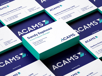 ACAMS Business Cards business card design identity logo navy rebrand teal wordmark