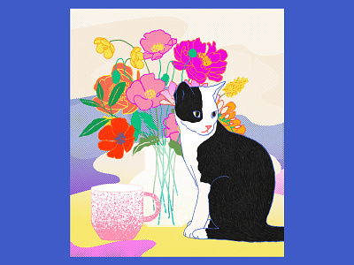 Cat abstract bright colors cat cats colorful female illustrator flowers illustration illustration design illustrator milica golubovic tea cup vase