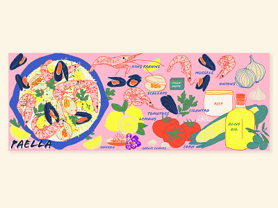 Food Illustration | Paella blue dishes food food illustration illustration meal mediterranean mediterranean diet mediterranean food milica golubovic mussels olive oil paella pink rice scallops seafood shrimps spanish tomato