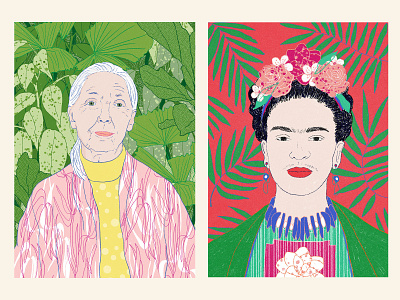 Jane Goodall | Frida Kahlo artist artists female female artist female scientist frida frida kahlo illustration jane goodall milica golubovic nature painter pattern portrait portrait art portrait illustration primatologist science scientist women